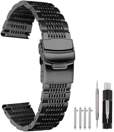 Kai Tian Silber Schwarz Premium Metall Uhrenarmband Mesh Uhrenband für Männer Frauen Doppelschlösser Faltschließe Armbanduhr für Damen Herren Ersatz Edelstah Armband 18mm 20mm 22mm 24mm