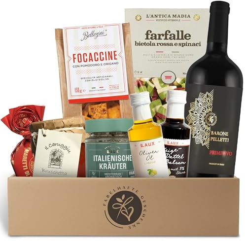 Präsentkorb La Dolce Vita gefüllt mit Rotwein und italienischen Delikatessen, Geschenkkorb für Liebhaber der italienischen Küche | Ein Wein Geschenk für Männer & Frauen zu Geburtstag, Weihnachten