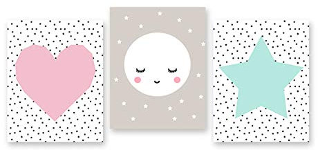 XIANGPEIFBH Pink Mint Moon Art geometrische Kinderzimmer Wandkunst Mädchen Kinderzimmer Poster und Drucke für Babyzimmer-40x50cm mit Rahmen