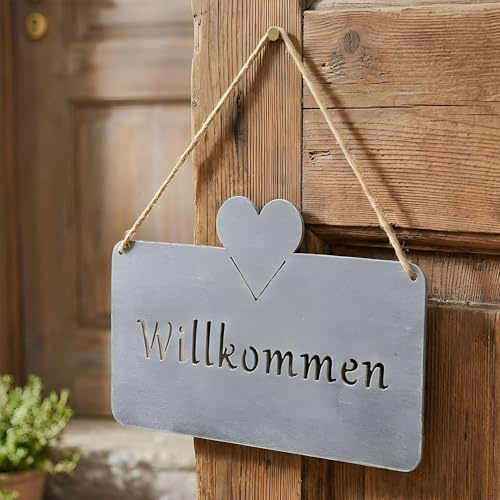 levandeo Türschild Willkommen Grau Beton Optik 25x16 cm Eisen Metall Wandbild Gartenschild Herz Dekoration Haustür Außendeko Hängedeko Garten