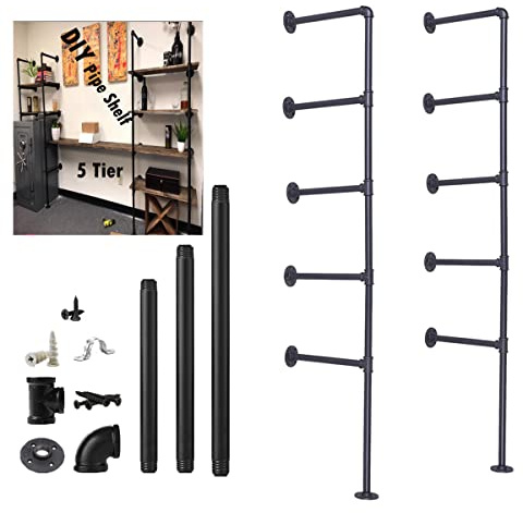 5 tier Industrial Wall Mount Iron Pipe Shelf Shelving Bracket Vintage Retro Ceiling Hung shelf DIY Open Bookshelf Storage for office Room Kitchen (2PcsX5Tier,70 Tall,12deep,Hardware Only)