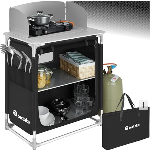 tectake® Cucina da Campeggio, Mobile da Campeggio con Piano di Lavoro, Ripiani Portaoggetti, Cucina da Esterno Idonea per Fornello a Gas, Telaio in Alluminio, Borsa per Trasporto, 76x53,5x107cm - Nero