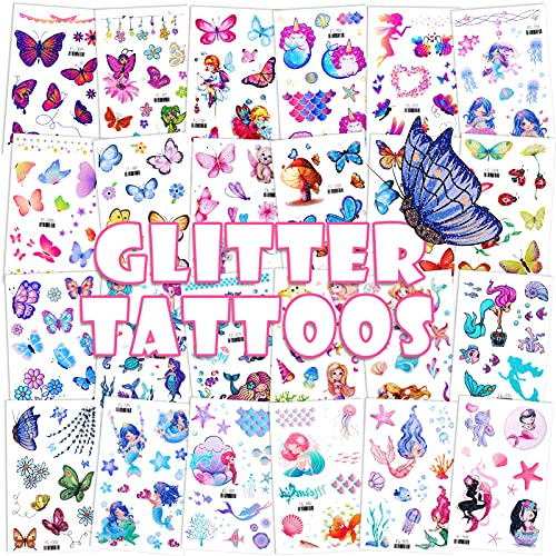 Konsait Glitter Temporary Tattoo for Girls, 24 Sheets Butterfly Mermaid Fairy Flowers Tattoo Stickers, Waterproof Fake Tattoos for Birthday Party Favors Goodie Bags Stuffers Party Fillers
