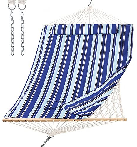 SUNCREAT 2 Person Hammock with Hardwood Spreader Bar, Outdoor Rope Hammock with Polyester Pad, 475 lbs Capacity, Blue Stripes