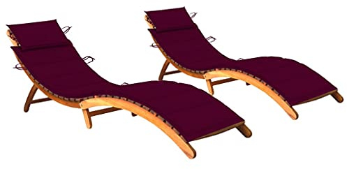 vidaXL Adjustable Sun Lounger Set with Cushions | Solid Acacia Wood Foldable Design Weather Resistant Retro Style Suitable for Garden/Patio 2 Pieces Cushioned Wooden Outdoor Lounge Bed Day Beds