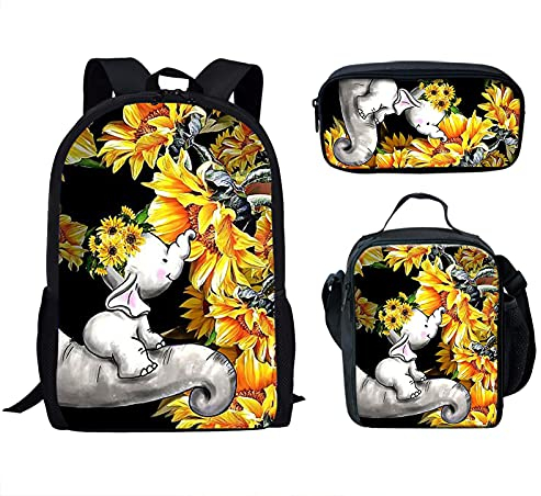 Binienty 3-in-1-Rucksack mit Lunchtasche und Federmäppchen für Kinder, Jungen, Mädchen, Schulschulranzen, Sonnenblume Elefant, Einheitsgröße,