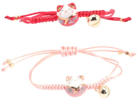 2 Stück Katze Maneki Neko Armband Glückskatze Keramik Perlen Armbänder Feng Shui Tier Armband Glücksschnur Geflochtene Handgelenkkette mit Glöckchen für Freund Liebhaber Geschenke Rot Rosa