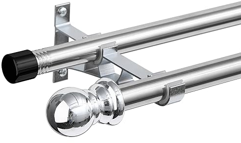 Doppelte Vorhangstangen für Fenster 76-223 cm, 2,5 cm schwere doppelte Fensterstangen - verstellbare dekorative silberne Vorhangstange für Glasschiebetür, Terrasse, Schlafzimmer, Küche, Badezimmer