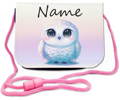 Maus-Design Kinder Brustbeutel Schneeeule mit Name personalisiert | Schriftartwahl, Klettverschluss, Schnur zum Umhängen, Klarsichtfach