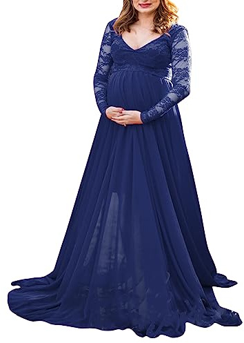 StarTreene Womens Maternity Dress Pregnants Photography Props Maternity Photo Shoot Off Shoulder Long Sleeve Plus Size for Summer Spring Blue