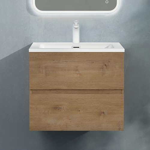 doporro Badmöbel-Set Waschbecken-Unterschrank Waschtisch mit Unterschrank | Wandhängendes Badmöbel-Set mit Mineralguss-Waschbecken – elegant & pflegeleicht, 60x48x50cm, Kerneiche Aqualis