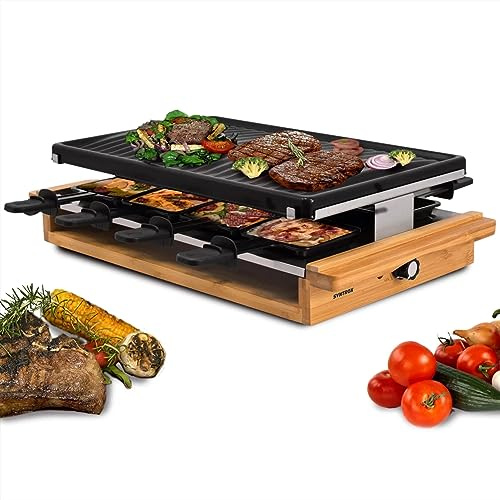 Syntrox Raclette Grill 8 Personen Leitol 1200W, Raclettegrill Elektrisch mit Emaillierter Grillplatte Geriffelt, 8 Antihaft Pfännchen, Stufenlose Temperaturregelung, Holzdesign Tischgrill