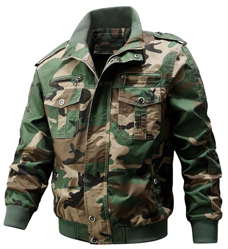 ZDJSWJ Män casual vindtät militär cargojacka flera fickor ståkrage bomber workwear, Kamouflage, XXL
