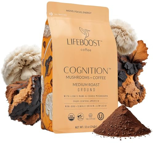 Lifeboost Cognition Adaptogenic Mushroom Coffee - Great Tasting Organic Lions Mane & Chaga Medium Roast Nootropic Coffee - Increase Energy, Boost Focus & Immune Support - 12 oz Bag - Ground