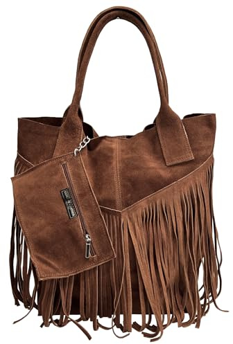 Modarno Damen-Einkaufstasche aus echtem Wildleder mit Fransen plus Schmucketui in der gleichen Farbe - Handtasche - Schultertasche, Braun, 41 x 17 x 35 cm