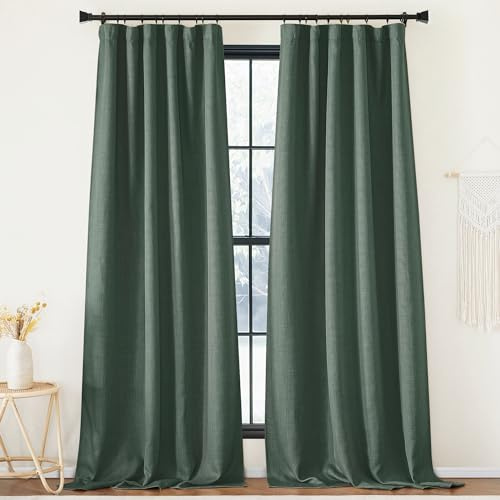 PONY DANCE Verdunklungsvorhänge Kräuselband Gardinen Wohnzimmer Modern 2er Set H 245 x B 140 cm Verdunkelnde Gardinen Leinenoptik Vorhang für Schiene Thermal Blackout Curtains Living Room, Graugrün