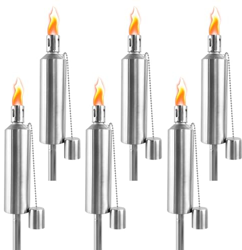 LZQ Juego de 6 antorchas de jardín de acero inoxidable, para exteriores, para exteriores, aceite para antorchas, rellenables, para balcón y terraza al aire libre