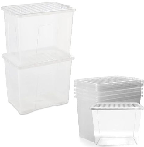 Pluto Packaging Pack Of 3 Strong Stackable 80 Litre Clear Containers | Transparent Large See Through Storage Boxes With Lids