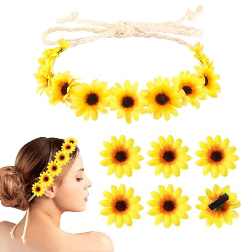 Sonnenblumen Haarschmuck, Blumen Haarband, Sonnenblumen Haarreif | mit 6 Haarspangen Gänsenblümchen, Blumen Kopfschmuck für Hochzeit Beach Reisen Party
