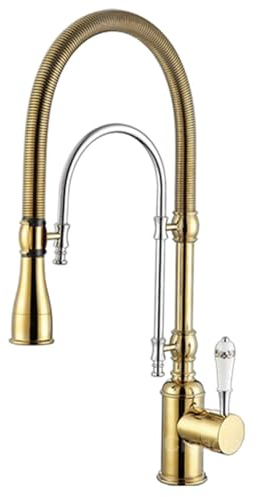 Goldfarbener Luxus-Küchenarmatur aus Messing mit Retro-Design, Einhebel-Kaltwasserhahn und ausziehbarem Kücheninsel-Spülbeckenhahn mit zwei Bedienelementen (Color : Gold and Chrome)