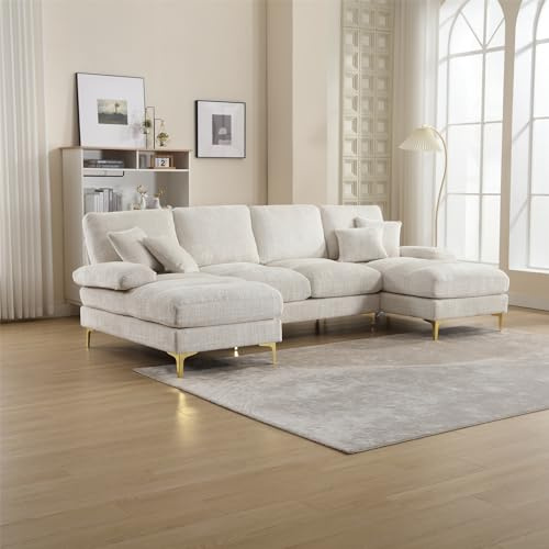 Divano sezionale moderno grande ciniglia a forma di U (bianco)