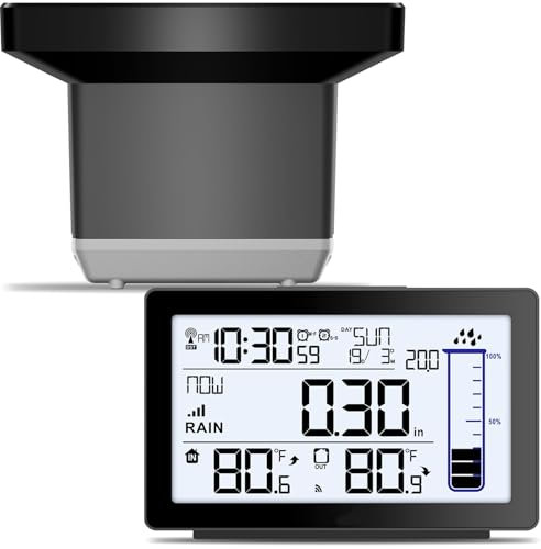 Wireless Rain Gauge Outdoor, Self-Emptying Digital Rain Gauges Outdoors Best Rated, Electronic Rain Measure Gauge for Yard, Freeze Proof Rain Gauge with Thermometer, Remote Rain Meter for Garden