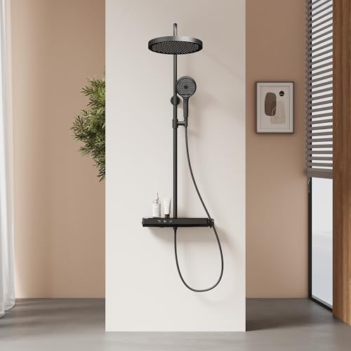 EMKE Thermostatische Duschsäule, Regal 40 x 15 cm, Duschset mit Kopfbrause, 3 Strahlarten, intelligente Temperaturregelung, Chlorentfernung, Mattschwarz
