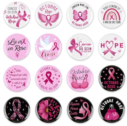 16PCS Octobre Rose 2026 Accessoires Octobre Rose Ruban Pin's Broches | Octobre Rose Ruban Pin's Broches pour Sensibilisation au Cancer du Sein Rose Octobre Goodies Accessoires Activité