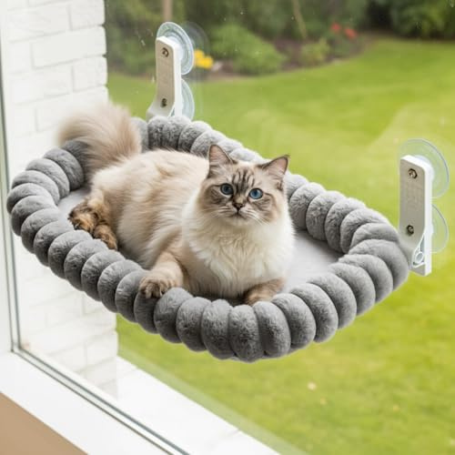 CareCooo Fönsterstol för katter, vikbar kattfönsterhammock med sugkoppar, tvättbar fönstersäng för katter upp till 18 kg, M (52 x 30 cm), grå