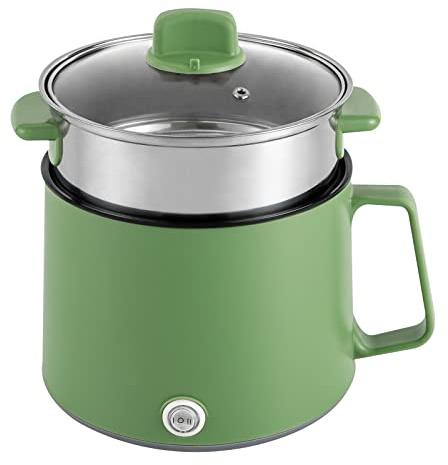 Electric Hot Pot,1.7l Portable Mini Electric Steamer Noodles Cooker Hot Pot Non-Stick Cooking,with Stainless Steel Steamer,for Cooking Noodles, Soup, Porridge (Green)