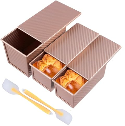 CHUENKUK 3 Stücke 2 Größe Toastbrot Backform mit Deckel, 20,6 x 11,9cm und 18,7 x 9,3cm Roségold Kastenform Kuchen mit Teigschaber, Brotbackform für Toast und Kuchen