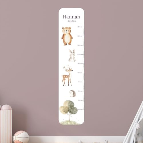 Personalisierte Messlatte Kinder Waldtiere – mit Namen – 50-150 cm – Tiere Deko fürs Kinderzimmer – Wandtattoo ohne PVC – Wachstumstabelle Baby & Kind – Geschenk zur Geburt oder Taufe (Zum Aufkleben)