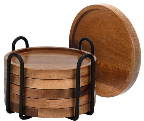 BSDLZCH 6er Akazienholz-Untersetzer Ø 10 cm mit Eisenständer | Runde Getränkeuntersetzer mit Fußpolster – Schützt Couchtisch & Schreibtisch, Dekor für Home & Coffee Bar
