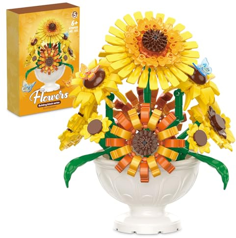 Bibykivn Sonnenblume Bausteine Sets, 469 Stück Klemmbausteine Blumen | Künstlicher Blumenstrauß, Bausteine Bauklötze Spielzeug, für Geburtstag Valentinstag Weihnachten