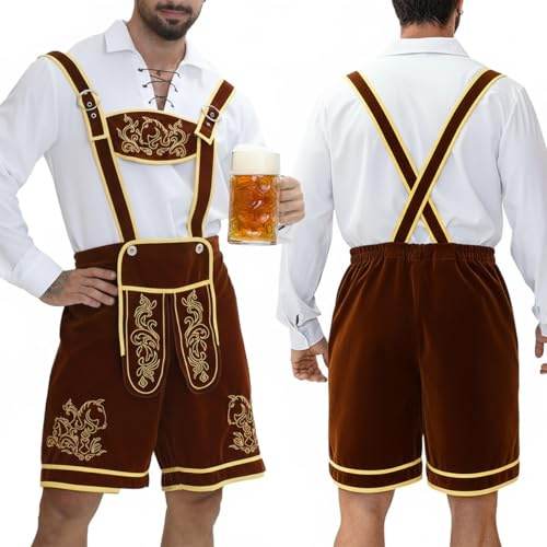 Aibaowedding Traditionelle Lederhose mit Goldstickerei, Weiße Bluse mit Schnürung, Trachten Set für Oktoberfest, Braun (Braun, L)