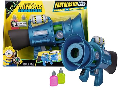 Minions Pistola de Pedos Pro Monsters de Illumination - 8 Niveles de pestilencia - Lanza Anillos de Pedos apestosos hasta 1,8 m - Incluye 2 fórmulas de Pedos con Aromas Diferentes