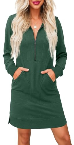PrinStory Abito Maglione da Donna a Maniche Lunghe con Mezza Zip Scollo a V Vestito in Felpa con Tasche Laterali, Verde scuro, XXL