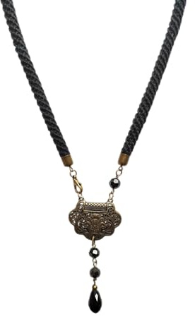 Collier au Crochet Noir avec Pendentif en Bronze – Bijou Fait Main Style Vintage avec Perles Facettées, artisanat italien, Made in Italy