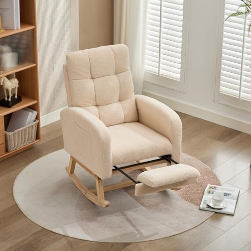 BTM Schaukelstuhl aus Teddy-Velours, Beige, Rahmen aus Massivholz, Füße aus Metall mit versteckten Beinstützen, dicke Schaumstoffpolsterung, für Wohnzimmer, Schlafzimmer, Kinderzimmer