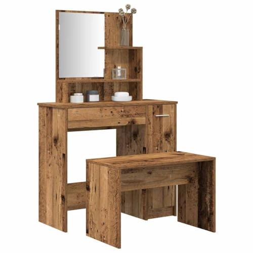 HaoChrymec Set da Toeletta in Legno di Recupero Effetto Legno, con Specchio e Sgabello, Postazione Trucco Moderna e Funzionale, Vanity Desk for Makeup, Toilette da Trucco Salvaspazio, 86.5x35x136 cm