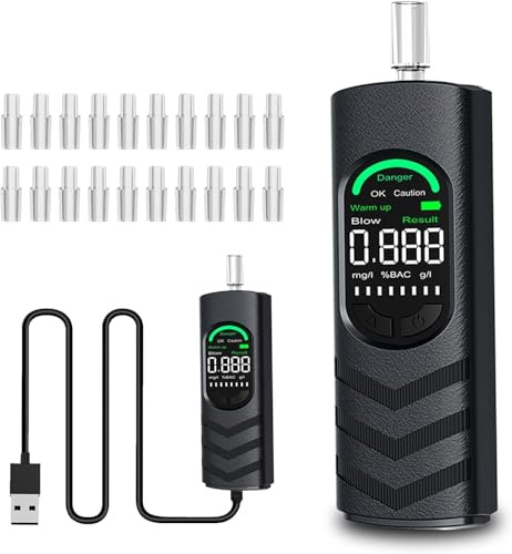 YRHWS Alkoholtester, Alkoholmessgeräte Polizeigenau Promilletester mit USB-C Akku, Professioneller Alkohol Tester mit 20 Mundstücken und Digitaler LCD Bildschirm