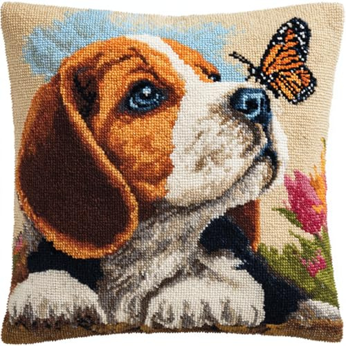 WallustrioaW DIY Knüpfkissen Zum Selber Knüpfen Set,Tier Beagle Hund,Knüpfhaken-Set Kissenbezug Knüpfteppiche Kissen Knüpfen Für Kinder Und Erwachsene,17x17in