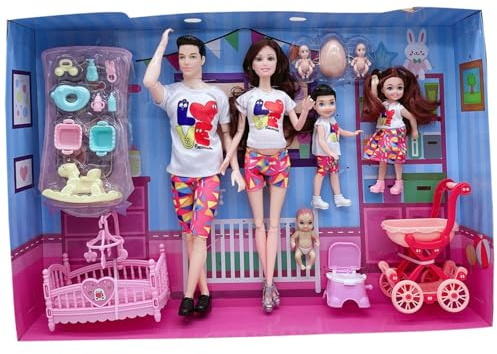 Faticenic Familjedockset med 5 gravida dockor med rörlig led med baby i magen, pappa och 2 barn för utbildning och tillbehör för hem, spädbarn, gravida