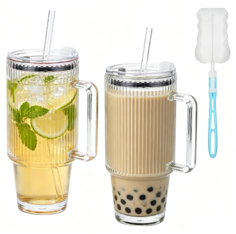 2Pcs 24Oz Glass Tumbler with Straw & Lid - Reusable Ribbed Iced Coffee Cup with Handle & Cup Brush Smoothie Glass Matcha Drinking Cup for Ice Coffee Juice Drink Milk Tea Cocktail Birthday Gift