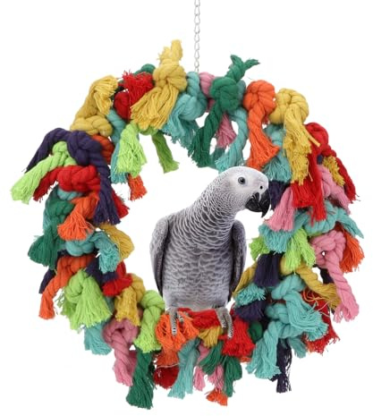 Bird Colorful Cotton Rope Hanging Ring Parrot Preening Grooming Chew Climb Biting Toy for African Grey Cockatoo Conure Parakeet