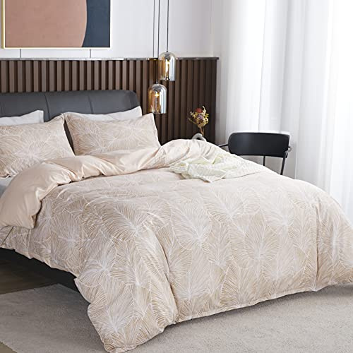Parure de Lit Beige de Motif Feuilles Tropicales, 1 x Housse de Couette 240x260 cm 2 Personnes et 2 x Taies d'oreiller 65x65 cm, Sets de Linge Très Doux Literie Tropicale avec Fermeture Eclair