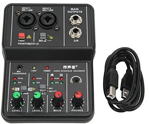 Mixer Audio, Mixer Audio a 2 Canali, Console Mini Scheda Audio USB Portatile Interfaccia USB con Alimentazione 48V Mixaggio DJ per Karaoke Domestico, Registrazione Musicale