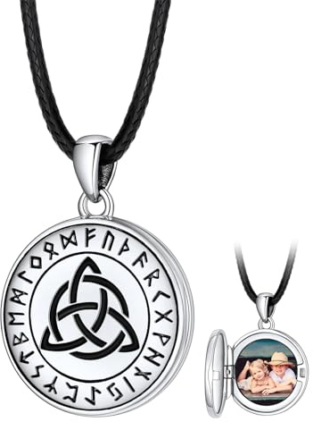 FaithHeart Personalisierter Kette Foto Medaillon Herren Damen 925 Silberkette/Kupferkette Wikinger Mjölnir Halskette mit Rune/Vegvisir/Keltisch Schmuck für Geburtstag Weihnachten