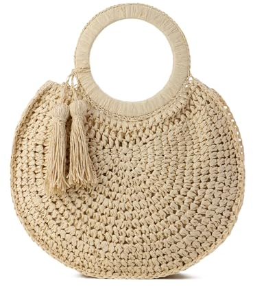 EVEOUT Damen Runde Stroh Handtasche Sommer Mode Strandtasche mit Quaste Anhänger Handgewebt Clutch Henkeltaschen
