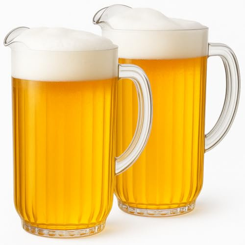 2-Pack Unbreakable Plastic Beer Pitcher, 60 oz, Restaurant-Grade Polycarbonate, Clear Beverage Dispenser with Pour Spout, Dishwasher-Safe, Ideal for Beer, Sangria, Lemonade Iced Tea Outdoor or Indoor